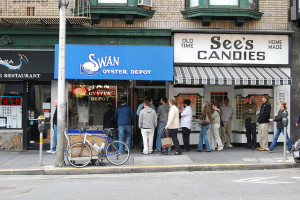 The line down the block at Swan Oyster Depot on Polk Street, San Francisco.